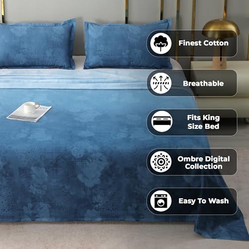 Image of Story@Home Luxe 400 TC Sateen Weave 100% Cotton Bedsheet King 270 cm x 270 cm Ombre Printed Soft Flat Sheet with 2 Pillow Covers 18 x 27 Inch Sea Blue-Gift Packaging