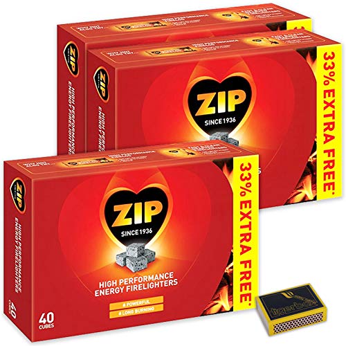 3 X Packs of 40 Zip High Performance Energy Block Firelighters. Long Burning Powerful & Reliable for Open Fires Stoves BBQs & Tigerbox Safety Matches