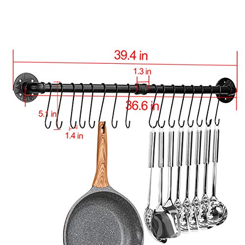 Toplife 39.4 Inch Pot Rack, Kitchen Wall Mounted Detachable Pan Lid Utensils Organizer Hanging Rail With 16 Hooks, Black #TOP1