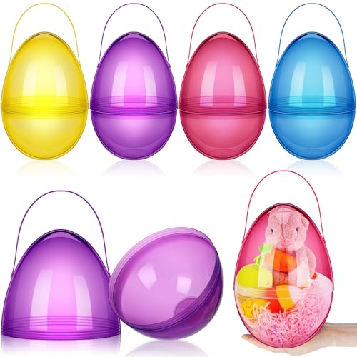 Funtery 4 Pcs Jumbo Easter Eggs 10 Inch Plastic Giant Easter Eggs with Handles, Clear Large Baskets Fillable Big Bunny Egg Shaped Baskets Containers Decoration (Fresh Colors)