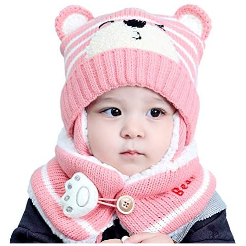 Leikance Baby Cap,Kids Winter Warm Hat Baby Earflap Beanie Hat with Scarf Cut Baby Infant Knit Hat Pink Cover