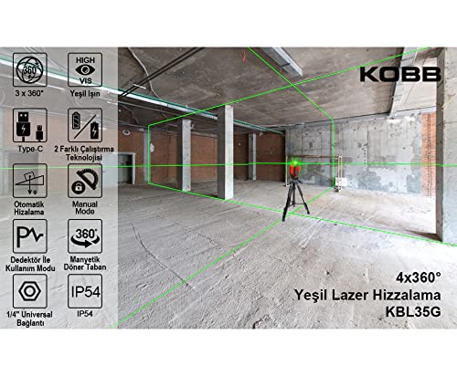 KOBB KBL35G Profesyonel Li-ion Şarjlı 4X360⁰ Otomatik Hizalamalı Yeşil Çapraz Çizgi Lazer Distomat + Uzaktan Kumanda