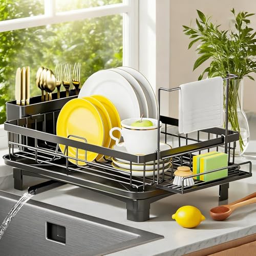 La mejor selección de Estantes para Trastes , tabla con los diez mejores. 49 Escurridor de Platos para Fregadero, Acero Inoxidable Negro con Drenaje Automático 360° | Estante Secaplatos con Porta Esponja, Toallero y Soporte para Cubiertos