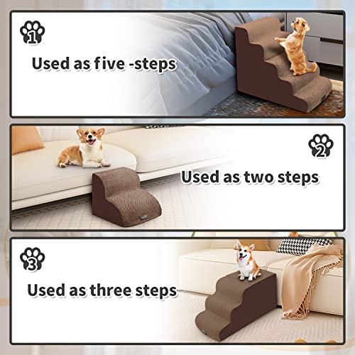Dog Stairs, Detachable Pet Stairs With Washable Cover,23.6" High Foam Dog Ramp For Bed, Non-Slip Pet Steps For Small Dogs, Cats To Get On High Bed, Sofa, Couch(5 Step, Brown) #TOP1