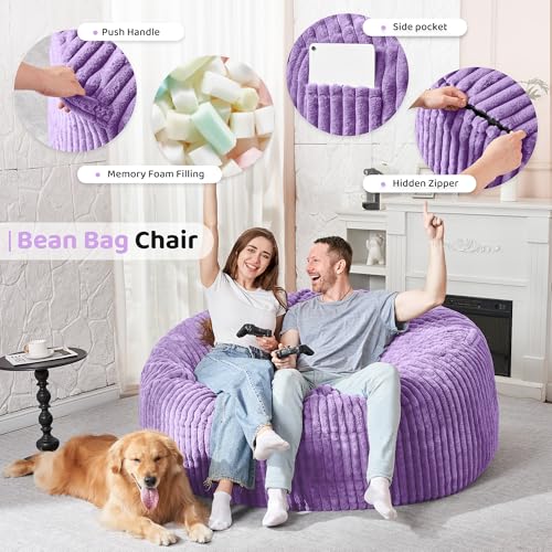 Image of HABUTWAY 5FT Bean Bag Chair, 5' Large Bean Bag Chairs for Adults with Removable Stripe Plush Cover, Memory Foam Beanbag Chair for Living Room Bedroom Dorm (Purple)