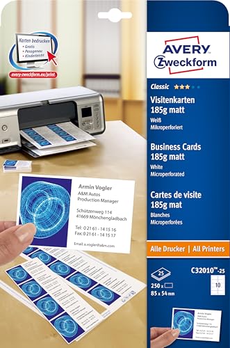 Avery Zweckform C32010 25   Paquete de 250 tarjetas de visita (85 x 54 mm), color blanco