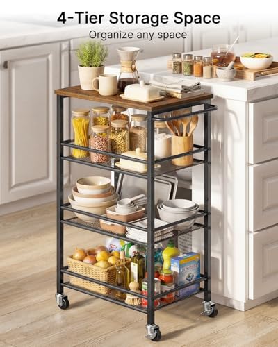 Pipishell Laundry Storage Cart with Wheels, Handle & Wood Top, Metal 4 Tier - image 7
