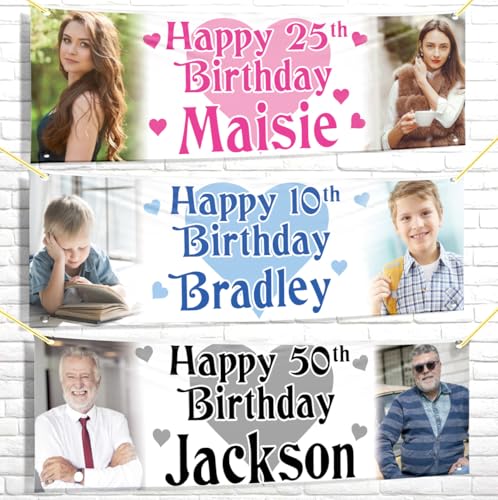 Personalised birthday banner Photo 2ftx6ft fabic Black Blue Pink party custom poster decoration celebration anniversary heart woman man boy girl children kids gift-18th 20th 30th 40th 50th 60th 70th