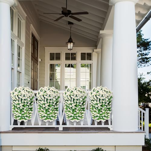 Image of Bassion 2 Pack Artificial Hanging Petunias Flowers for Outdoors, White | UV resistant, silk fake flowers, hanging morning glory trailing vines, porch garden spring summer planter decoration