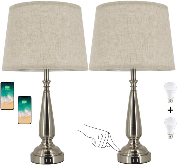 Set of 2 Minimalism Touch Table Lamps 23.1'' with Dual USB Ports,Silver Bedside Lamp with 3 Way Brightness for Living Room