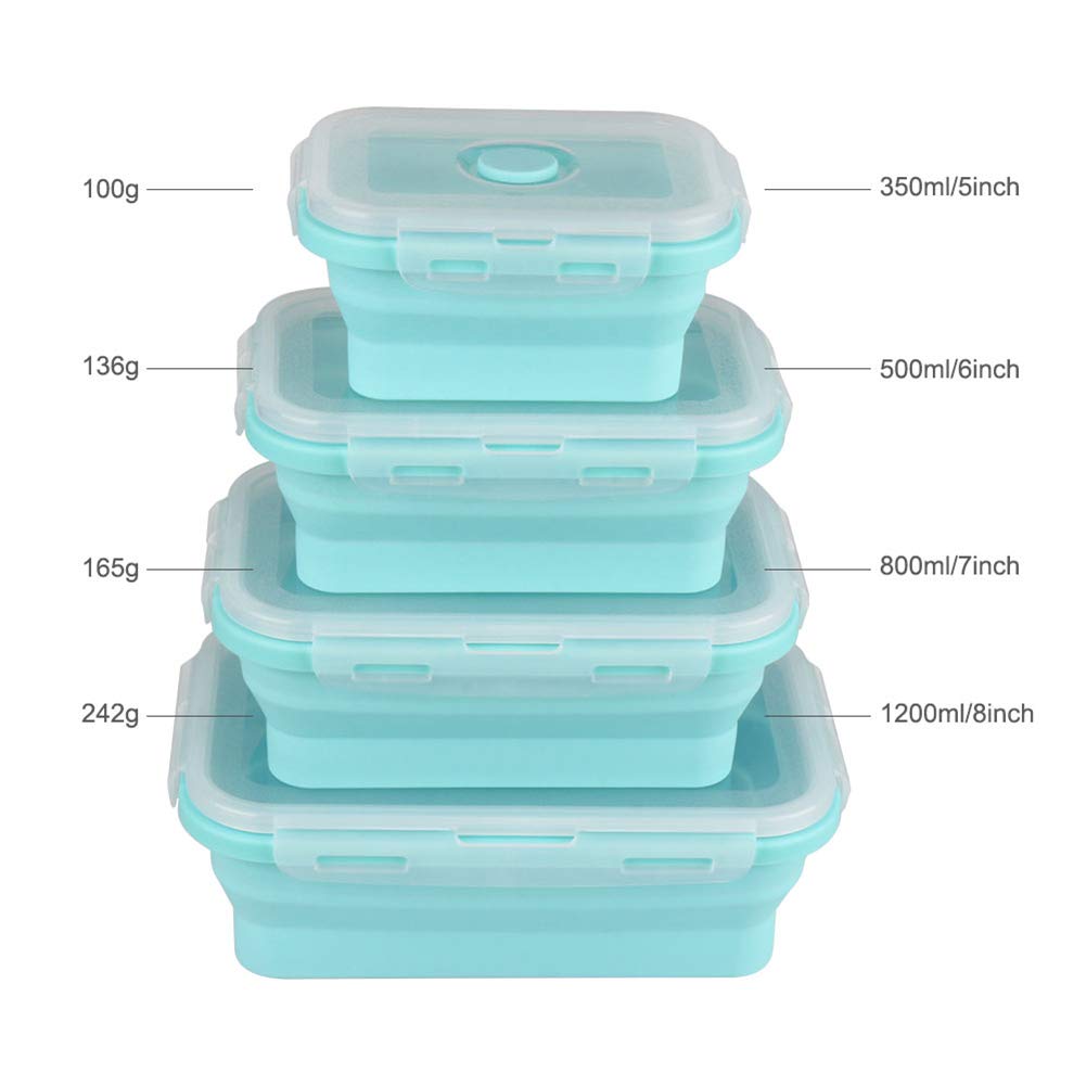 Set di 4 contenitori per alimenti pieghevoli in silicone, adatti a microonde, congelatore e lavastoviglie, ideali per preparare i pasti, freschezza e risparmio di spazio (blu)