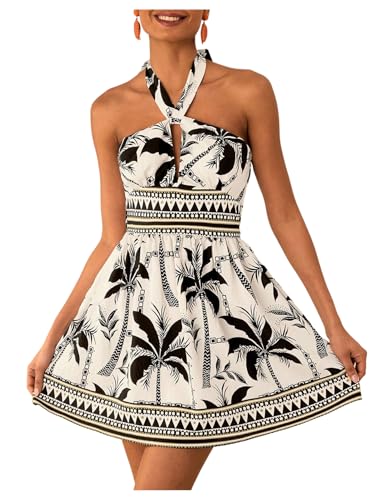 Floerns Women's Floral Print Sleeveless Halter Neck Tie Back Summer A Line Dress Black X-Small
