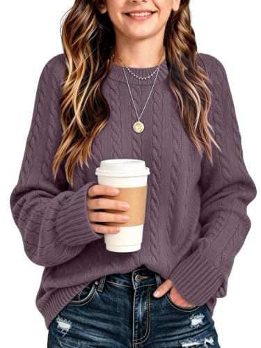 Image of Girls Sweaters Winter Tops Kids School Picture Teen Fashion Long Sleeve Crew Neck Cable Knit Casual Fall Cozy Pullover