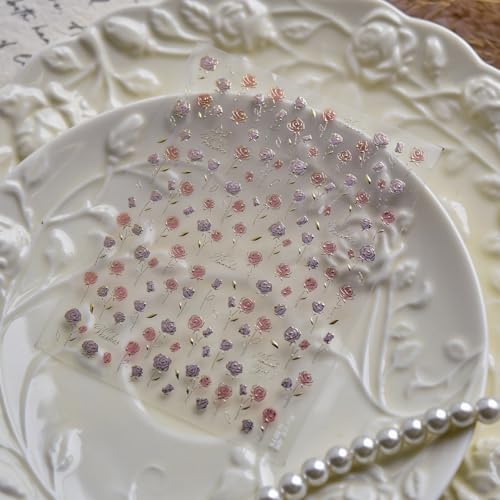 Image of Flower Nail Stickers Rose Nail Art Decals with Gold Design 5D Embossed Self Adhesive Nails Art Stickers Small Floral Nails Decals Charms Supply for Women Girls Manicure DIY Decoration