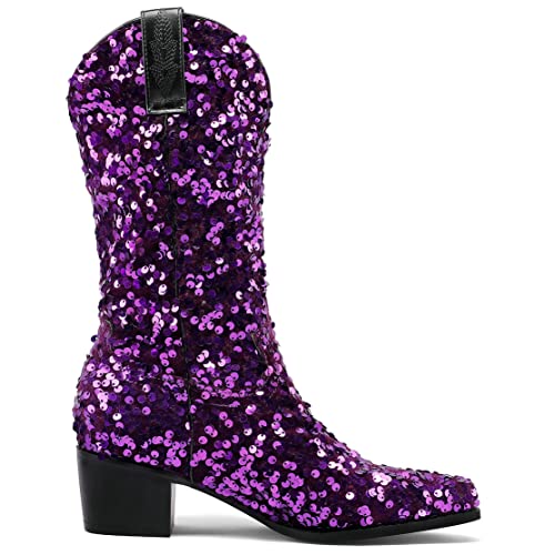 KISSASA Sequin Sparkly Mid Calf Cowboy Boots Glitter Wedding Chunky Heeled Cowgirl Boots4