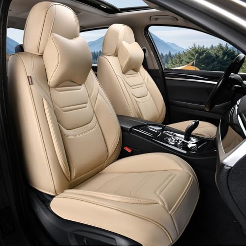 Image of TIEHESYT Leather Seat Covers Front Pair with Lumbar Support and Headrest, Breathable and Waterproof Car Seat Cover, Universal Seat Covers for Cars, Trucks, SUVs, Airbag Compatible, Beige