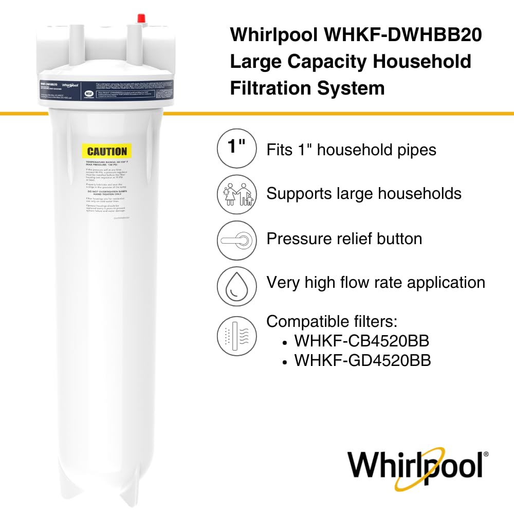 Whirlpool Carcasa de filtro de agua para toda la casa de 20 x 4.5 pulgadas, sistema certificado NSF para filtro de carbono de sedimentos, prefiltración del hogar para agua de pozo y ciudad, puerto de