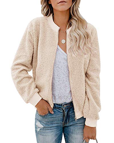 Rvshilfy Women Fleece Fuzzy Jacket Long Sleeve Faux Sherpa Casual Zip Up Bomber Coat Pocket (Small, Beige)