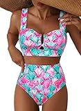 Herseas Women's U Wire Cutout Floral Print Bikini Sets High Waisted Tummy Control 2026 Summer Swim Suit Push Up Two Piece Bathing Suits Fashionable Cruise Essentials Multicolor Seashell Small