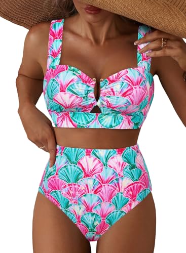 Herseas Women's U Wire Cutout Floral Print Bikini Sets High Waisted Tummy Control 2026 Summer Swim Suit Push Up Two Piece Bathing Suits Fashionable Cruise Essentials Multicolor Seashell Small