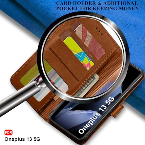 Image of TheGiftKart Flip Cover Back Case for OnePlus 13 5G | Genuine Leather Finish | Designer Button | Inbuilt Pockets & Stand | Wallet Style Flip Back Cover Case for OnePlus 13 5G (Faux Leather, Brown)