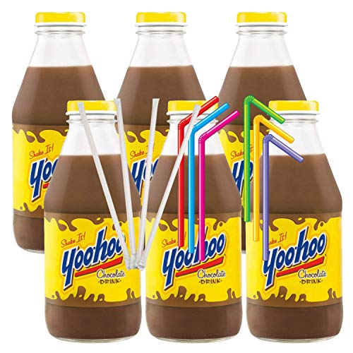 Yoo-hoo Chocolate Drink, 15.5oz Glass Bottle (Pack of 6) With Color And White Straws