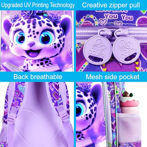 Image of CCJPX 16 inch Leopard Backpack for Girls, 3Pcs Kids Bookbag with Lunch Box, Water Resistant Elementary School Bag for Kindergarten Preschool Toddler (Purple)