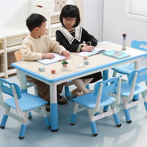 Image of Adjustable Kids Table & 6 Chairs Set - Multi-Activity Preschool Desk with Graffiti-Resistant Surface, Non-Slip Legs, Ideal for Study, Arts & Crafts, Study Area, Daycare, or Home - Blue