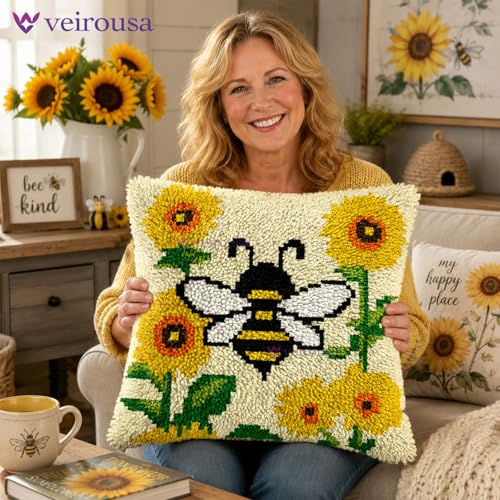 Image of veirousa Bee Sunflower Latch Hook Kits for Adults Beginners, Pre-Printed Animal Latch Hook Pillow Kit, Craft Rug Making Kits, DIY Embroidery Cushion for Home Sofa Decor & Gift Idea 17x17 in.