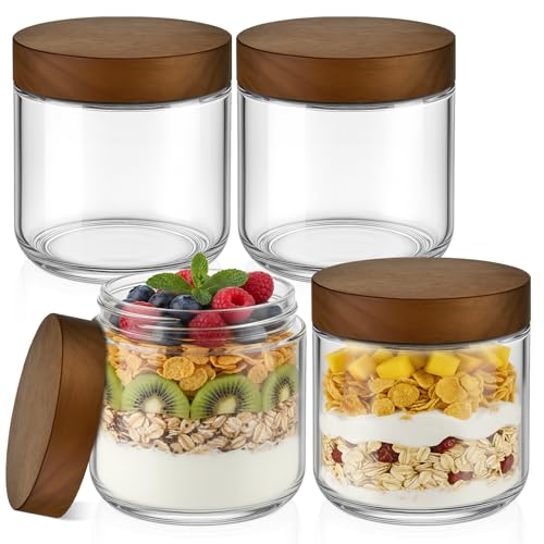 Bumobum 10 oz Small Glass Jars with Lids Glass Container with Acacia Wood Airtight Lid Wide Mouth Canisters for Chia Pudding Loose Tea Coffee Meal Prep Parfait Salad Snacks Yogurt Spice 4-Pack