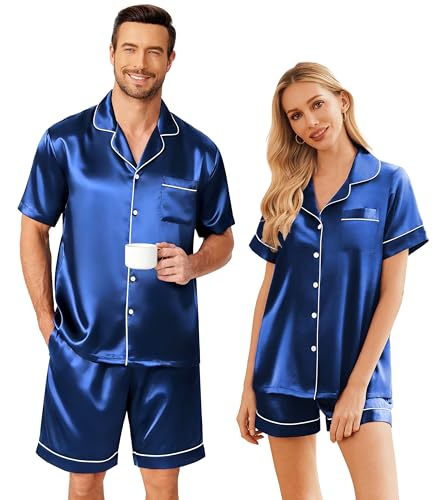 Image of Ekouaer Couple Matching Pajamas Sets Silk Short Sleeve Button Down Sleepwear Satin Pjs Shorts Set Soft Loungewear S-XXL