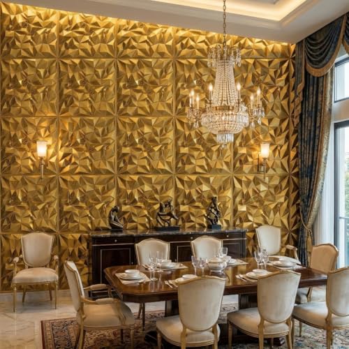 Image of Kayra Decor 3D PVC Wall Panels for Bedroom & Living Room | Frame Design |Golden Color | 19.7 x 19.7 Inch | Pack of 40 | 107.60 Sq Ft