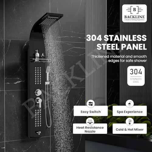 Image of Backline SS304 6 In 1 Shower Panels for Bathroom /Dual Flow Overhead Waterfall & Rainfall Shower /Hand Shower /Hot & Cold Water Mixer /Built-in Shelf for Shampoo Storage /Shower Panel (Black Glossy)