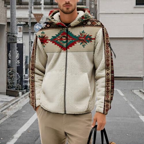 Zip Up Hoodie for Men 2025 Trendy Aztec Print Western Sweatshirts Heavyweight Warm Fleece Sherpa Lined Hooded Jacket2