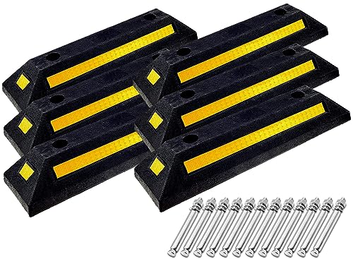 Thecom パーキングブロック 車輪止め ゴムブロック 4面反射板付き 車止め カーストッパー タイヤ止め 衝突防止 駐車場 駐車スペース 輪止め タイヤブロック 車庫 駐車 ガレージ パーキング 固定アンカー付き (6)