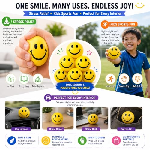 Image of Stress Relief Ball with Smiley Face, Yellow Soft Squeeze Ball for Anxiety Relief, Hand Strength Exercise, Therapy, Relaxation, Office and Home Use