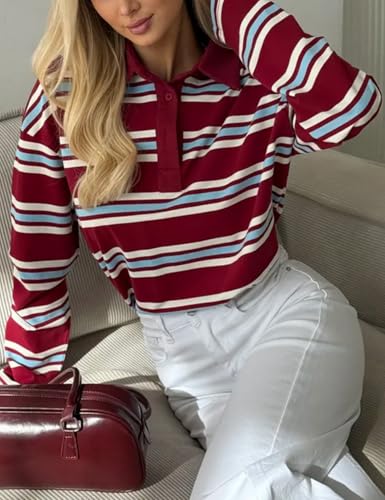 Perbai Women's Rugby Striped Polo Shirt Casual Collared V Neck Button Long Sleeve Y2k Sweatshirt 90s Streetwear4