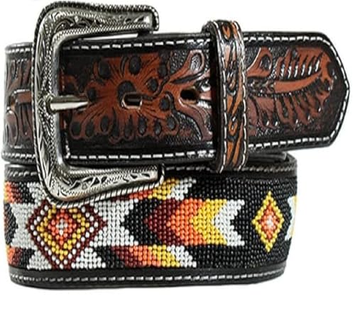 Beaded Handmade Men's Leather Belt Quality Thick Durable Wax Colorful Designs Cowboy Western Style Alloy Classic Fitted Casual Formal Wear in Pant Trouser Jeans Size: W-34-37/L-43in2