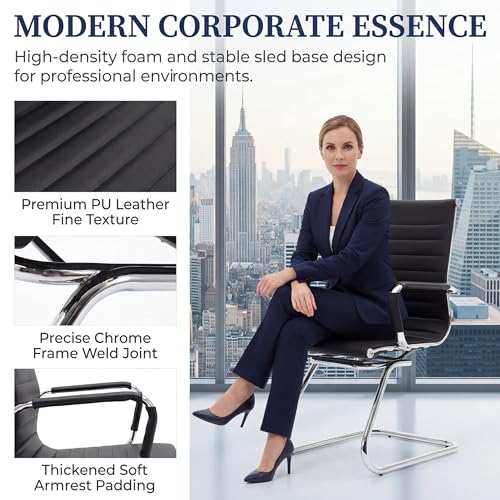 Image of Conference Room Chairs Set of 2, Waiting Room Chairs with Arms, Faux Leather Reception Chairs No Wheels, Office Guest Chairs with Mid Back Support and Chrome Sled Base, Black