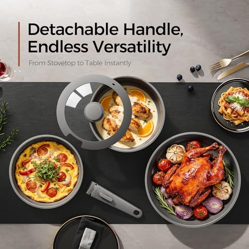 Image of 16PCS Pots and Pans Set Non Stick, Diamond-Titanium Ceramic Cookware Set & 3 Layer Stainless Steel with Detachable Handle, Induction Cookware, Non Toxic Oven /Dishwasher Safe, Gray