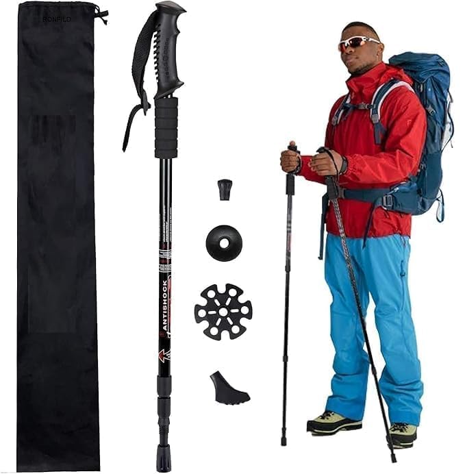Trekking Pole, Lightweight Collapsible Hiking Pole with Anti-Shock System, Adjustable Walking Stick, Aluminum Hiking Staff with Rubber Tips (1Pack of Black)-image-1