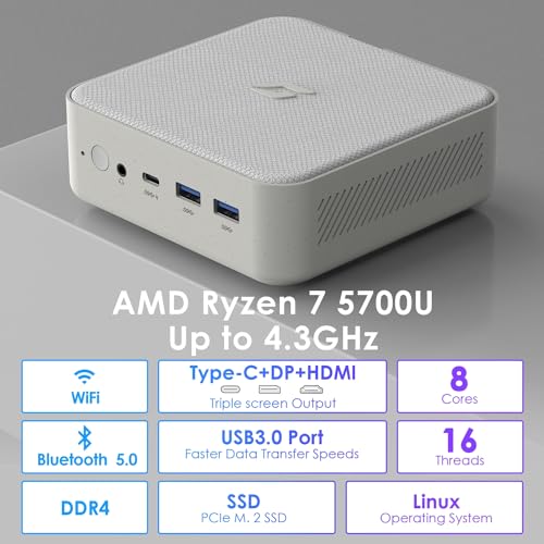 Mini Computers Linux, AMD Ryzen 7 5700u (8C/16T,up to 4.3 GHz), Small PC 32GB DDR4 RAM 2TB PCIe SSD Mini Gaming PC Supports 4K@60Hz/Triple Display/WiFi/BT5.0/HDMI+DP+Type C/Home/Office - Image 3