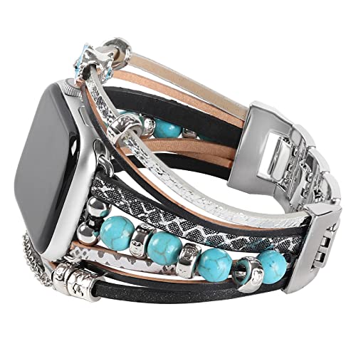 WONMILLE Leather Bracelets Compatible with Apple Watch Band 45mm 44mm 42mm Turquoise Beaded Boho Jewelry Metal Cuff Stylish Women Strap for iwatch Series SE 7 6 5 4 3 2 1 (Black/Silver 42/44/45mm)