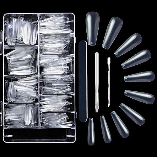 Clear Acrylic Nail Tips, 500 Pcs Coffin Nails Full Cover, Fake Nail Tips Coffin Shape Press On Nails with Nail File Brush and Cuticle Pusher for Professional and Beginner