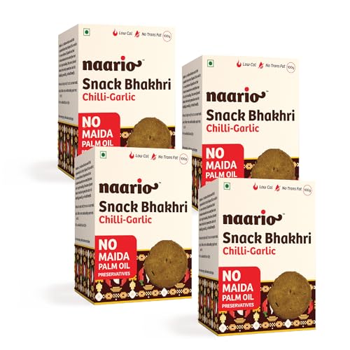 Image of Naario Chilli Garlic Crackers Snack | Whole Wheat Bhakhri with Garlic and Red Chilli Low-Calorie (12 Calories /pc), High-Fibre, No Maida | Guilt-Free Bhakri Snacks 100g Pack of 4