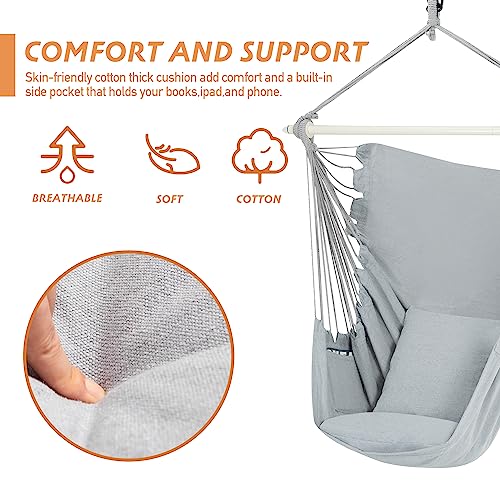 PNAEUT Hammock Chair Hanging Rope Swing, Max 500 Lbs, Hanging Chair with Pocket, 2 Cushions Included, Steel Spreader Bar with Anti-Slip Rings, Hardware Kits and Bag, for Indoor Outdoor (Light Grey) - Thumbnail 4
