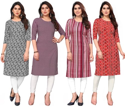 Image of JAKHANA Women's Crepe Printed Casual Straight Calf Length Round Nick Kurta Pack of 4