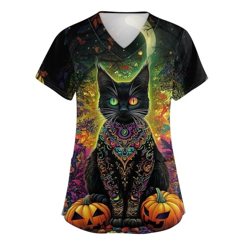 OIOLOYJM Halloween Christmas Scrub Tops Women Print V Neck Short Sleeve Plus Size Scrubs for Womens Shirts with Pockets