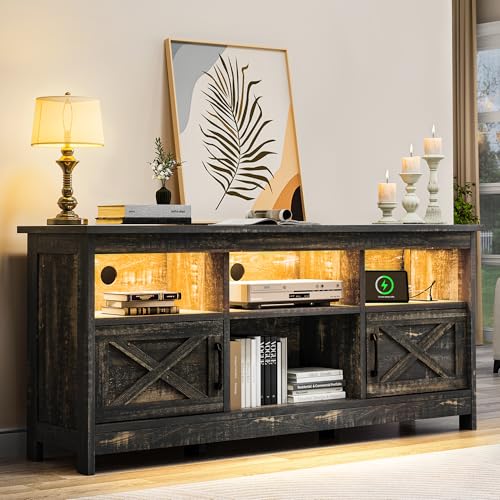 YITAHOME Farmhouse TV Stand with Power Outlet, Entertainment Center, LED Light Media Console, Simple TV Cabinet for Living Room or Bedroom, Dark Rustic Oak 59 Inch