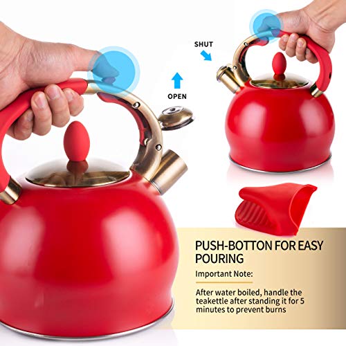 SUSTEAS Red Stove Top Whistling Tea Kettle-Surgical Stainless Steel Teakettle Teapot with Cool Toch Ergonomic Handle,1 Free Silicone Pinch Mitt Included，2.64 Quart - Thumbnail 5